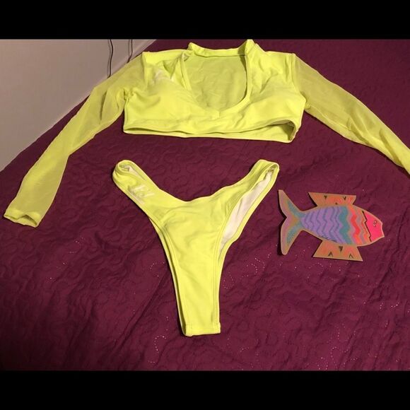 FJ swimsuit  Mesh long sleeve plunging  Neck Brazilian bikini set - neon - Picture 1 of 13